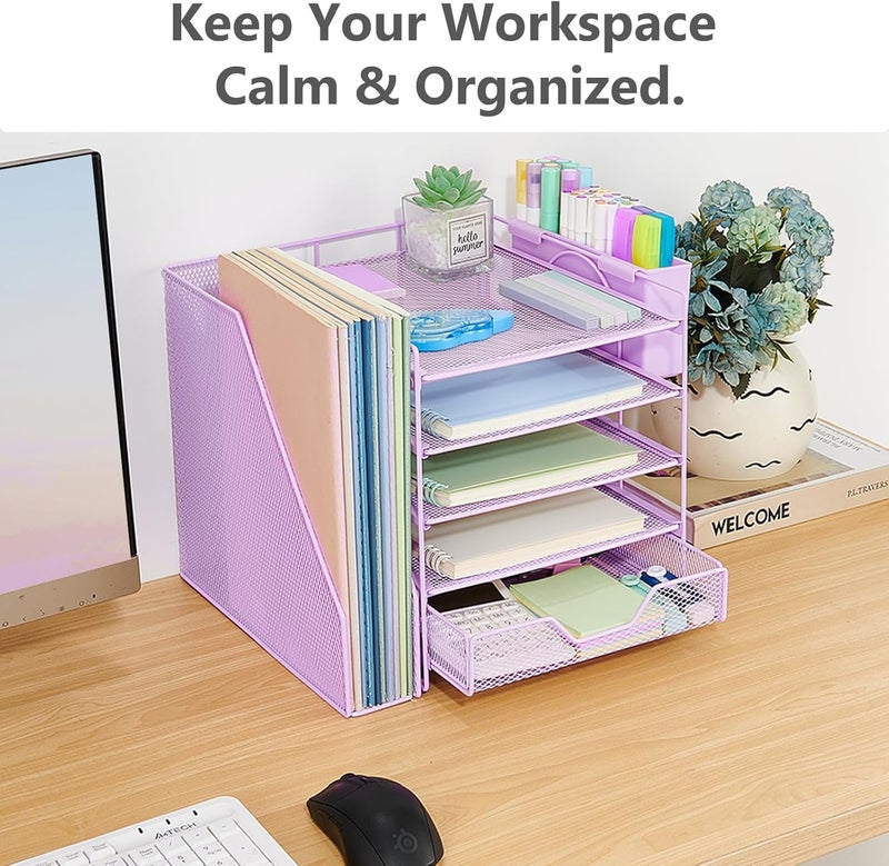 Gugsey Desk Organizer, 5-Tier Paper Letter Tray Organizer with File Holder, Drawer and Pen Holder, Desktop Organizer for Office Supplies, Purple - Image 5